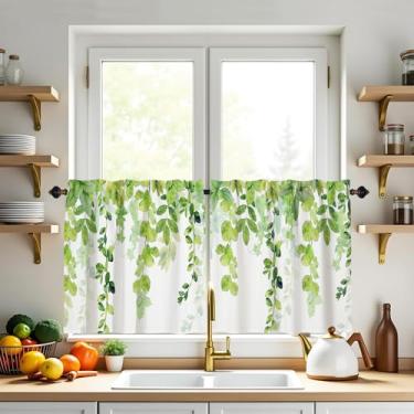 Imagem de XYTIDUKEJI Cortinas de cozinha, cortinas de folhas verdes, 61 cm, curta, café, pequenas cortinas, planta, rústico, casa de fazenda, para sala de jantar, banheiro, trailer, acampamento, filtro de luz