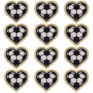 Imagem de Winrase 12 peças de bola de futebol coração ferro em remendos bordados motivo aplique decorativo costurar em remendos bordas douradas chenille forma amor futebol patches bordados para roupas, jeans,