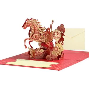 Imagem de Cartão de Ano Novo Chinês Cavalo Pop Up 3D, Cartões do Ano do Cavalo de 2026, Cartão com Tema de Cavalo, Design Vermelho e Dourado, 15 x 20 cm, Papel Premium com Envelope, Cartões Tradicionais do Ano