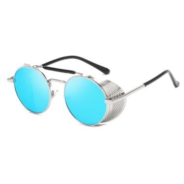 Imagem de Óculos de sol de Steampunk Masculino Design Retrô Redondo Vintage Azul-Prata UV400