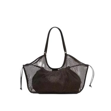 Imagem de DFAMIN Bolsa feminina de malha de grande capacidade para viagem na praia, bolsa de ombro casual para compras na praia, bolsa de mão feminina, bolsa de rede, Café, One Size