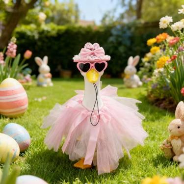 Imagem de Lindas roupas de ganso rosa da páscoa para alpendre, roupas para 43 cm/58,4 cm de altura de cimento ou plástico, roupas de ganso com chapéu de orelha e óculos de cabeça para quintal, gramado, jardim