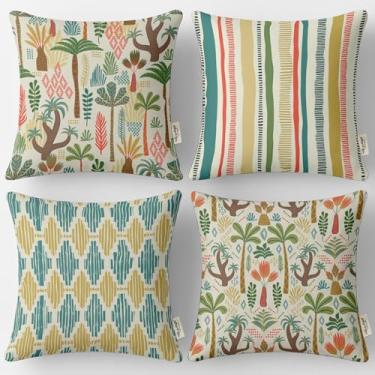 Imagem de Vargottam Conjunto de 4 fronhas de 45 x 45 cm - 100% algodão, estampa decorativa de árvore, impressão frente e verso com zíper oculto - enchimento não incluído - verde