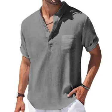 Imagem de Camisa Masculina Casual De Verão Com Gola Henley Em Algodão E Linho, R