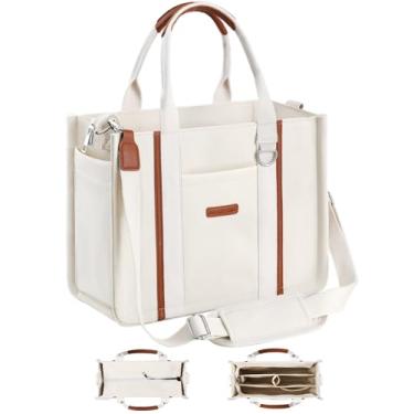 Imagem de BESBESME Bolsa feminina de lona com zíper e compartimentos – Bolsa tiracolo tiracolo com vários bolsos para laptop, Bege, Large, Organizador embutido