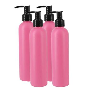 Imagem de MOXMAR Pacote com 4 frascos de PEAD de 250 ml com bomba de creme preto + 2 funis e etiquetas | Frascos dispensadores de plástico recarregáveis para loção e uso diário, Garrafa rosa + bomba preta, 8.5