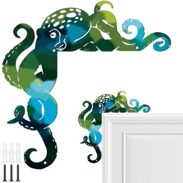 Imagem de Cinnvoice Decoração de banheiro de polvo, moldura de porta, 25,4 x 25,4 cm, decoração de arte de parede de polvo, náutico, litoral, oceano, moldura de canto para janela interna e externa (azul