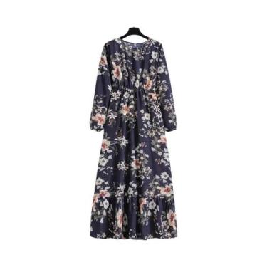 Imagem de Vestido Maxi Floral Feminino Primavera Verão Casual Manga Longa Decote