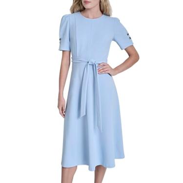 Imagem de DKNY Vestido midi feminino manga bufante curta gola joia vestido midi cinto removível Scuba Crepe, Sereno, 16