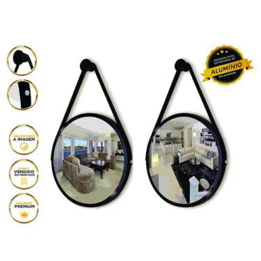 Imagem de Kit 2 Espelhos Redondo Decorativo Suspenso Alça 60cm + suporte Preto A