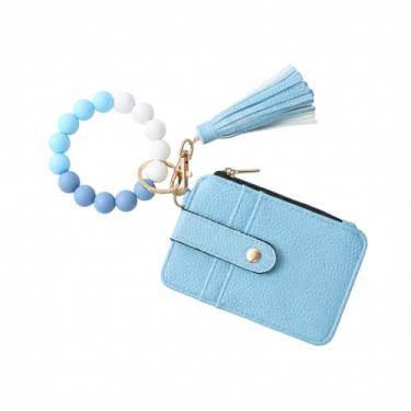 Imagem de Carteira feminina com chaveiro, pulseira de silicone com contas, porta-cartões com borla, porta-cartões de crédito de couro PU para meninas, presentes para ela, Azul claro