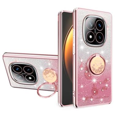 Imagem de MRRSIWEI Capa com glitter para Redmi Note 15 Pro+ Plus, capa luxuosa com flores brilhantes à prova de choque para mulheres e meninas com suporte de anel para Xiaomi Redmi Note 15 Pro Plus. Flores rosa