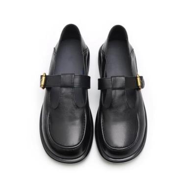 Imagem de Sapato social feminino clássico de couro macio Mary Jane com tira em T, Preto, 35
