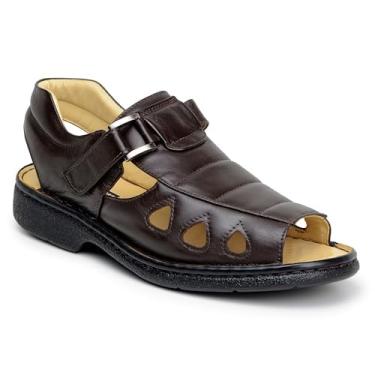 Imagem de Sandália Masculina Anti - Stress Ortopédica Diabético Couro Carneiro Sola PU GEL (Café, BR, Adulto, Numérico, 40)