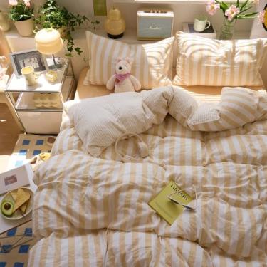 Imagem de EAVD Capa de edredom listrada bege, solteiro, GG, microfibra lavada, macia, listrada, reversível, com 2 fronhas, capa de edredom moderna com estampa geométrica e fecho de zíper