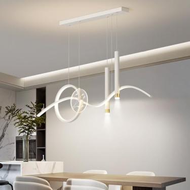 Imagem de Luminária pendente LED moderna de 110 cm com design de foco regulável e controle remoto para cozinha, escritório, quarto, ilha de cozinha e casa. Lustre LED com altura ajustável (branco).