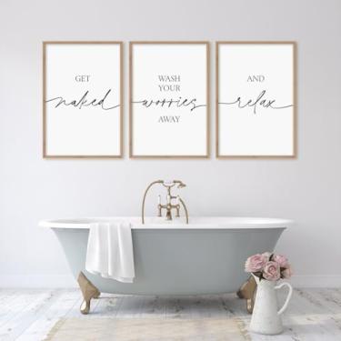 Imagem de Get Naked And Relax Conjunto de 3 Impressões Arte de Parede Wash Your Worries Away Pintura em Tela Minimalista Arte Emoldurada para Banheiro Banheiro Banheiro Spa Decoração com Moldura Interna
