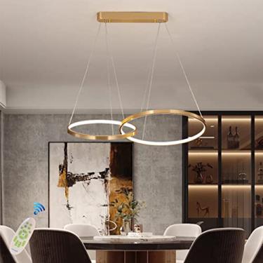 Imagem de Luminária pendente LED moderna para mesa de jantar, lustre com altura ajustável, luminária suspensa para sala de estar, dimerizável com controle remoto, luminária pendente com anéis de alumí
