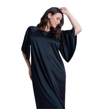Imagem de Gottex Vestido feminino modesto preto liso com mangas drapeadas e acabamento sedoso luxuoso estilo resort elegância, Preto, G