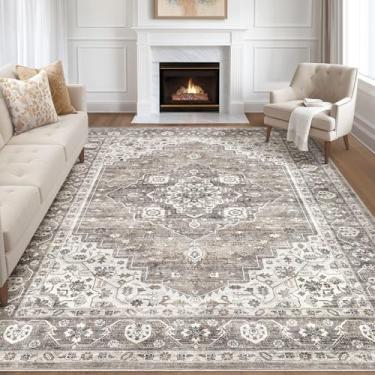 Imagem de Tapete de área 7x10 Sala de estar: Lavável Boho Grande Neutro Vintage Tapetes Macios Resistente a Manchas Casa de Fazenda Antiderrapante Interior Tapete Rústico para Quarto Crianças Sala de Jogos