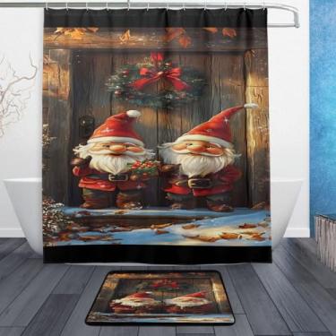 Imagem de xigua Gnomos de Natal fofos conjuntos de tapetes de cortina de banho 2 peças, conjunto de tema de banheiro (152 x 182 cm) com cortina de chuveiro e tapete antiderrapante -12 ganchos453