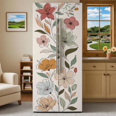 Imagem de GOMAKERER 2 peças Boho Line Flores Padrão Removível Envoltórios de Geladeira, Mural de Porta de Geladeira, Vinil Freezers Capa Adesivo para Decoração de Bar de Cozinha, 40 x 192 cm
