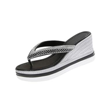 Imagem de Sandálias femininas de strass com salto plataforma grosso com design de bico aberto para uso casual, Preto, 38