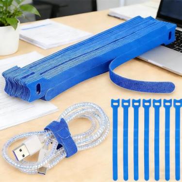 Imagem de Organizador de cabos ajustável de gerenciamento de cabos reutilizáveis, envoltórios de cabo e tiras de gancho para computador, jogos, fio, mesa - essenciais para escritório em casa (azul, 20 x 1,2 cm)