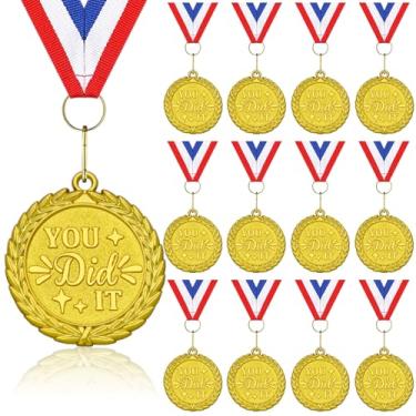 Imagem de Donrime Medalhas Gold You Did IT, pacote com 12 medalhas de metal para dia esportivo com colar de fita para prêmios do dia esportivo, competições de ginástica, presentes de festa, crianças e adultos