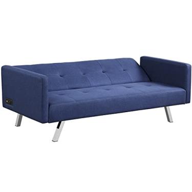 Imagem de Cadeira reclinável dobrável para sofá-cama Futon conversível com USB e faixa de alimentação com 3 assentos (Cor: D) (D)