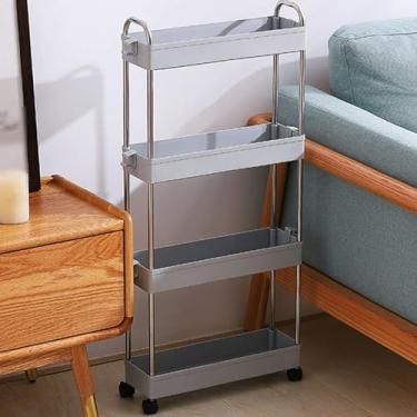 Imagem de Carrinho organizador de carrinho de armazenamento de banheiro de 4 níveis, carrinho utilitário deslizante fino com alça e rodas traváveis, prateleira de carrinho de armazenamento fácil de montar