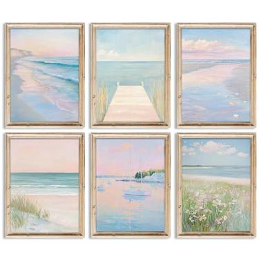 Imagem de DULASI Conjunto de 6 arte de parede de paisagem de praia costeira, impressões em tela do oceano azul rosa, imagens abstratas de pintura marítima pôsteres de praia de verão para decoração costeira de