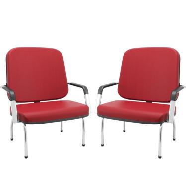 Imagem de Kit 02 Cadeiras De Escritório Recepção Com Braço Fixa Cromada Magno P03 Vinil Vermelho - Lyam Decor