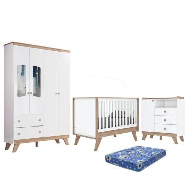 Imagem de Dormitório Infantil Confete Guarda Roupa, Cômoda, Berço Branco-jequitibá Com Colchão - Móveis Henn Branco-jequitibá