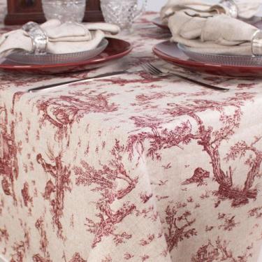 Imagem de Toalha de Mesa Retangular em Tecido Linho Estampado Toile de Jouy Verm