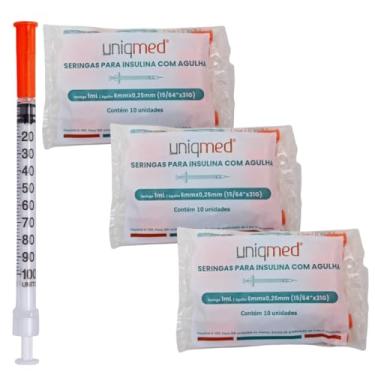 Imagem de Kit 30 Seringas Insulina, Insumo 1mL - 100UI/ML, Agulha 31G 6mm x 0,25mm | 3 Pacotes com 10 Unidades