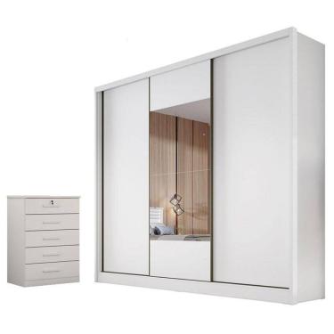 Imagem de Guarda Roupa Casal Medelim com Espelho e Gaveteiro Suiça Neve - Novo Horizonte