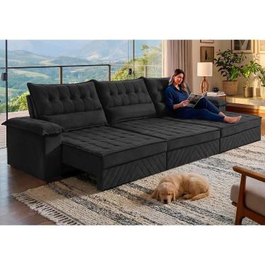 Imagem de Sofá Retrátil E Reclinável 3,60m Com Molas E Espuma D33 Thunder. Velusoft Cama Inbox Preto