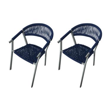 Imagem de Kit 2 Cadeiras Decorativa Joana Em Corda Náutica E Base Em Alumínio Cinza-azul Marinho