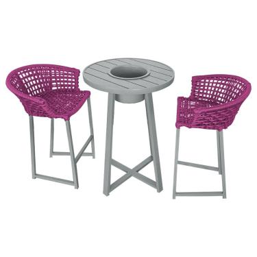 Imagem de Conjunto Bistrô Champanheira Cinza Tampo Ripado E 2 Banquetas Reis Corda Náutica Rosa