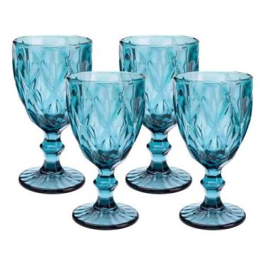 Imagem de Jogo 4 Taças De Vidro Diamond Diamante Azul 300ml água Class Home