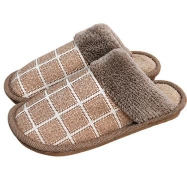 Imagem de Pantufa Xadrez Marrom Premium Antiderrapante Confortável Masculina Pel