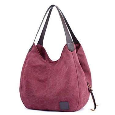 Imagem de DOURR Bolsa de ombro feminina com vários bolsos, bolsa de mão moderna de lona de algodão, Café roxo - tamanho médio, Medium