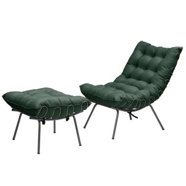 Imagem de Poltrona Costela Adão Ferro Puff Estrutura Preto Para Sala Moderna Decorativa Veludo Verde