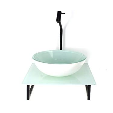 Imagem de KIT CUBA DE VIDRO REDONDA 10MM COM TAMPO DE VIDRO 40CM X 40CM BRANCO FULL E SUPORTE PRETO