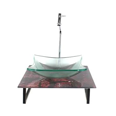 Imagem de KIT CUBA DE VIDRO QUADRADA 10MM INCOLOR COM TAMPO DE VIDRO 40CM X 40CM MÁRMORE AVERMELHADO E SUPORTE TORNEIRA VALVULA