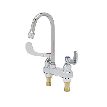 Imagem de T&S Brass Torneira médica B-0892-01, suporte para deck, pescoço de ganso rígido, aerador, alças de ação de pulso de 10 cm