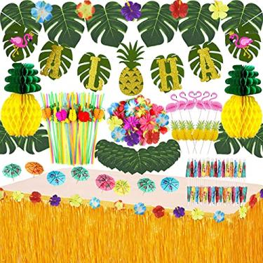 Imagem de JOPHMO Pacote de decoração de festa tropical Luau tema praia havaiano lembrancinhas de festa Luau artigos de festa (112 peças) incluindo faixa, saia de mesa, canudos, flamingo, abacaxi.
