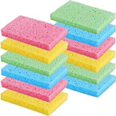 Imagem de Chuangdi 12 esponjas de cozinha a granel sem arranhões de celulose de cozinha cores sortidas para lavar pratos, 4,7 x 3 polegadas (1,5 cm de espessura)