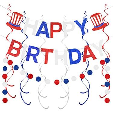 Imagem de Decorações de aniversário de 4 de julho – Faixa de feliz aniversário com glitter vermelho branco e azul, guirlanda de pontos patrióticos, suprimentos de decoração de festa em espirais pendurados, decoração de festa em quatro de julho, decorações de festa vermelha, branca e azul, artigos patrióticos 
